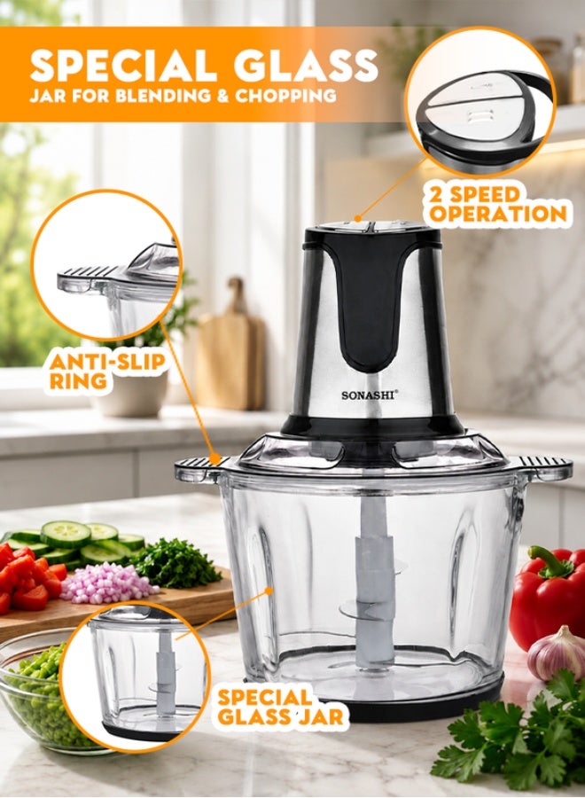 SONASHI Multi-Chopper with Powerful Motor and Max Capacity 3L | Chopper with Mincer Grinder Function & Glass Bowl | Stainless Steel Blade Set for Effective Chopping 3 L 500 W SMC-23G Black/Silver - Image 3