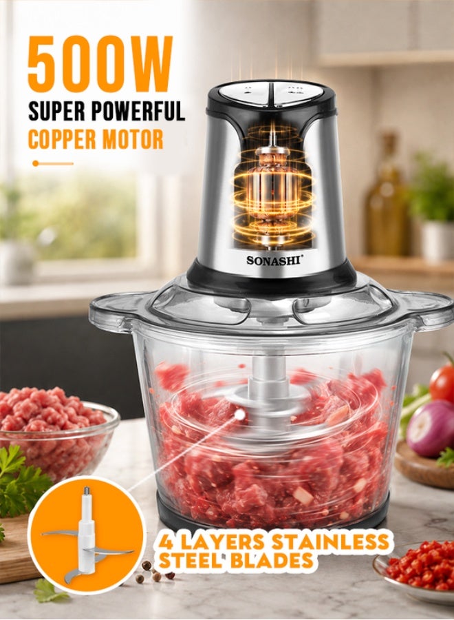 SONASHI Multi-Chopper with Powerful Motor and Max Capacity 3L | Chopper with Mincer Grinder Function & Glass Bowl | Stainless Steel Blade Set for Effective Chopping 3 L 500 W SMC-23G Black/Silver - Image 2