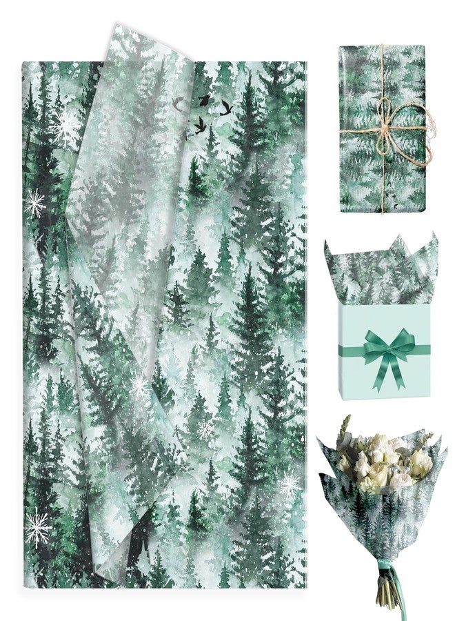 MOZUI 50 Sheets 14x20 Inch Forest Green Tissue Paper, Watercolor Forest Art Tissue with Green Xmas Tree Design, Winter Gift Wrapping Paper for Birthday, Wedding, DIY Craft, Gift Packing, Farmhouse Crafts - Image 1