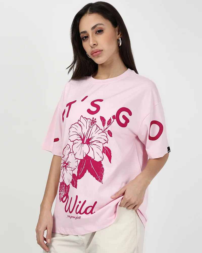 bewakoof Women's Pink Let's Go Wild Graphic Printed Oversized T-shirt