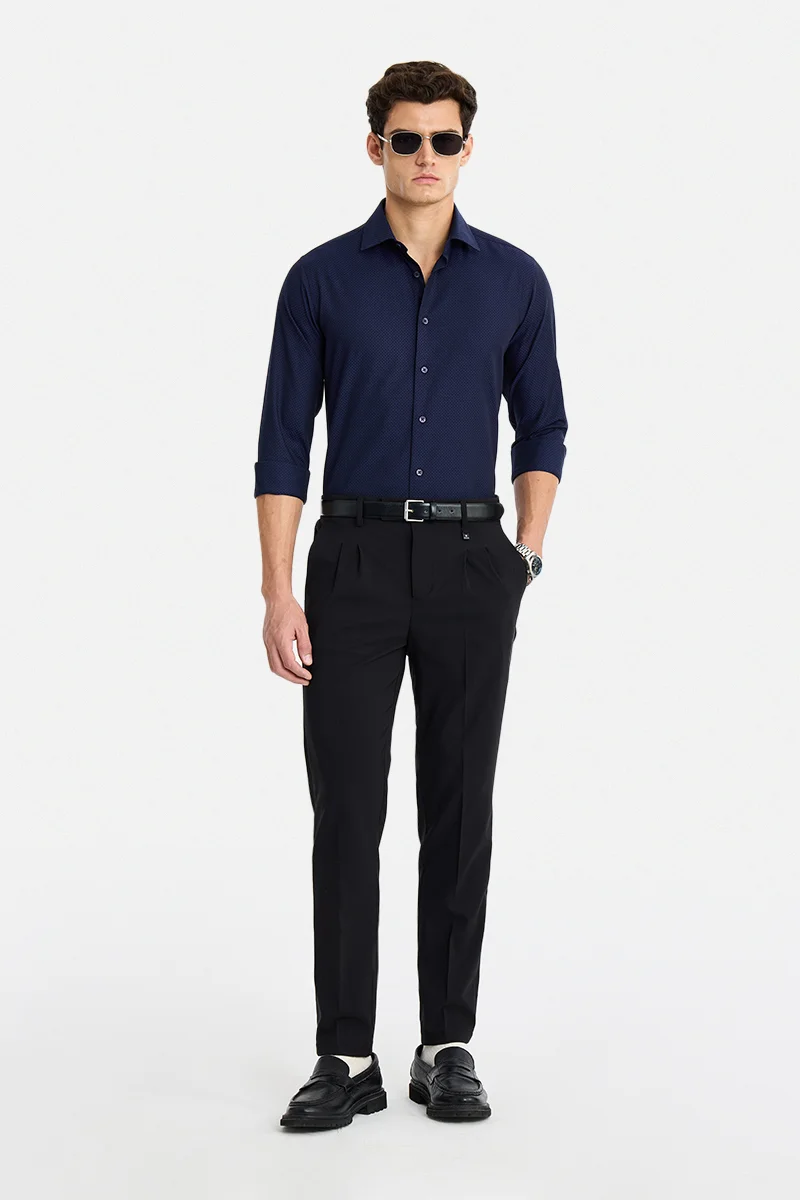 SNITCH Navy Blue Textured Long Sleeve Slim Fit Shirt