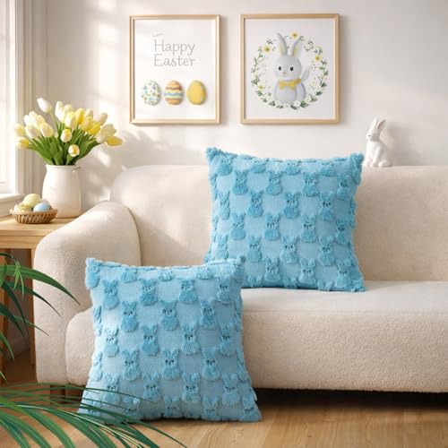 Yuubin Easter Bunny Pillow Covers 18x18 Set of 2Rabbit Soft Plush Faux Fur Blue Spring Throw Pillow Cases for Home Decorations Sofa Bedroom Living Room Couch Bed Decor - Image 3