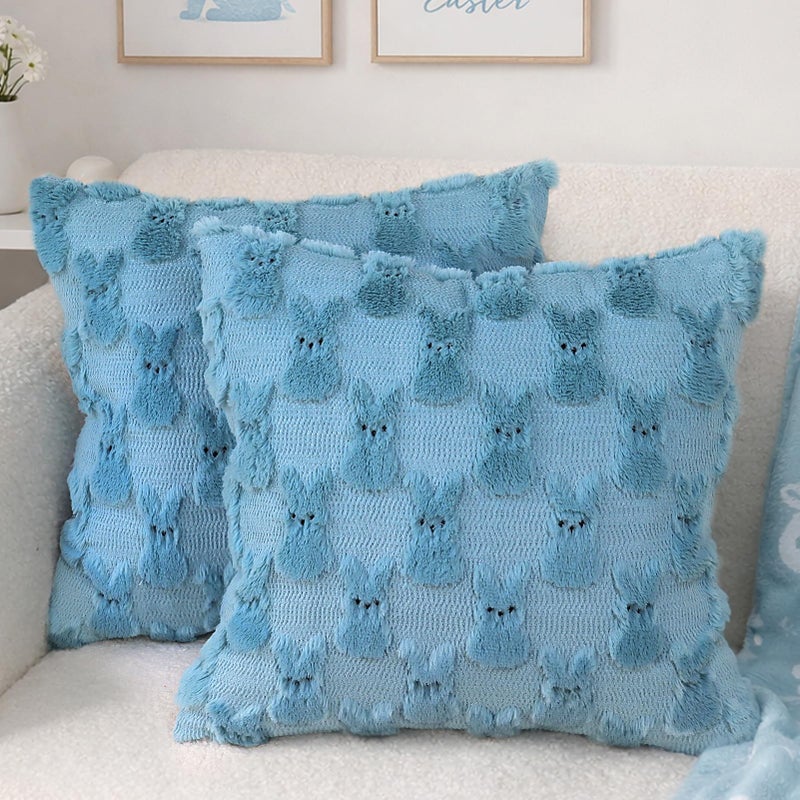 Yuubin Easter Bunny Pillow Covers 18x18 Set of 2Rabbit Soft Plush Faux Fur Blue Spring Throw Pillow Cases for Home Decorations Sofa Bedroom Living Room Couch Bed Decor - Image 2