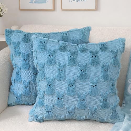 Yuubin Easter Bunny Pillow Covers 18x18 Set of 2Rabbit Soft Plush Faux Fur Blue Spring Throw Pillow Cases for Home Decorations Sofa Bedroom Living Room Couch Bed Decor - Image 1