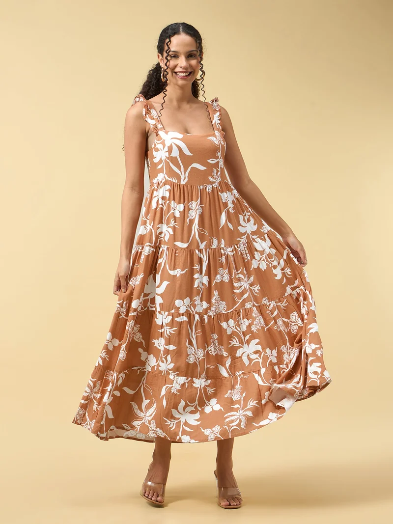 Outzidr  Rust Three Tied Fit & Flare Dress for Women | Best Price UAE