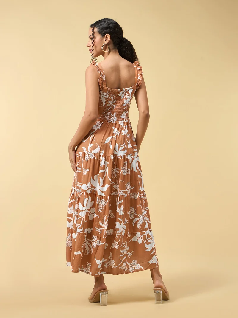 Outzidr  Rust Three Tied Fit & Flare Dress for Women | Best Price UAE