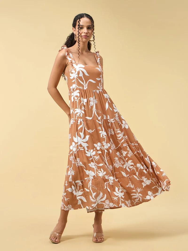Outzidr  Rust Three Tied Fit & Flare Dress for Women | Best Price UAE