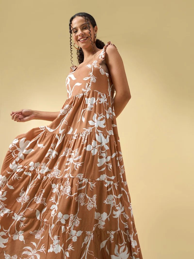 Outzidr  Rust Three Tied Fit & Flare Dress for Women | Best Price UAE