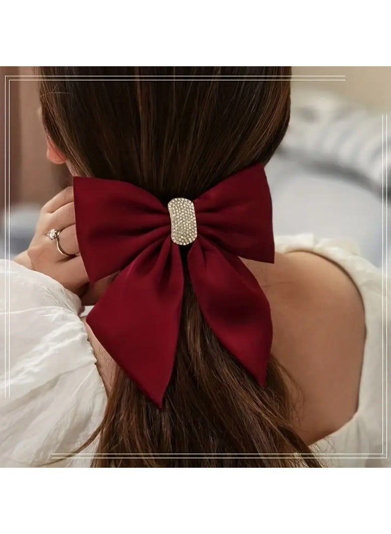 Goolsky Shiny Rhinestone Decor Hairpin Satin Bowknot Fabric Spring Clip Back Head Monochrome Ponytail Headdress Hair Clip - Image 1