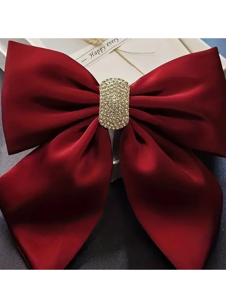 Goolsky Shiny Rhinestone Decor Hairpin Satin Bowknot Fabric Spring Clip Back Head Monochrome Ponytail Headdress Hair Clip - Image 2