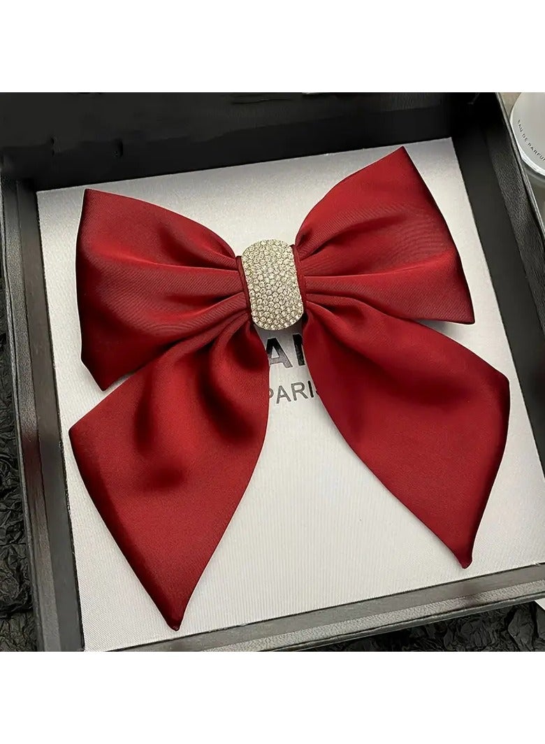 Goolsky Shiny Rhinestone Decor Hairpin Satin Bowknot Fabric Spring Clip Back Head Monochrome Ponytail Headdress Hair Clip - Image 3