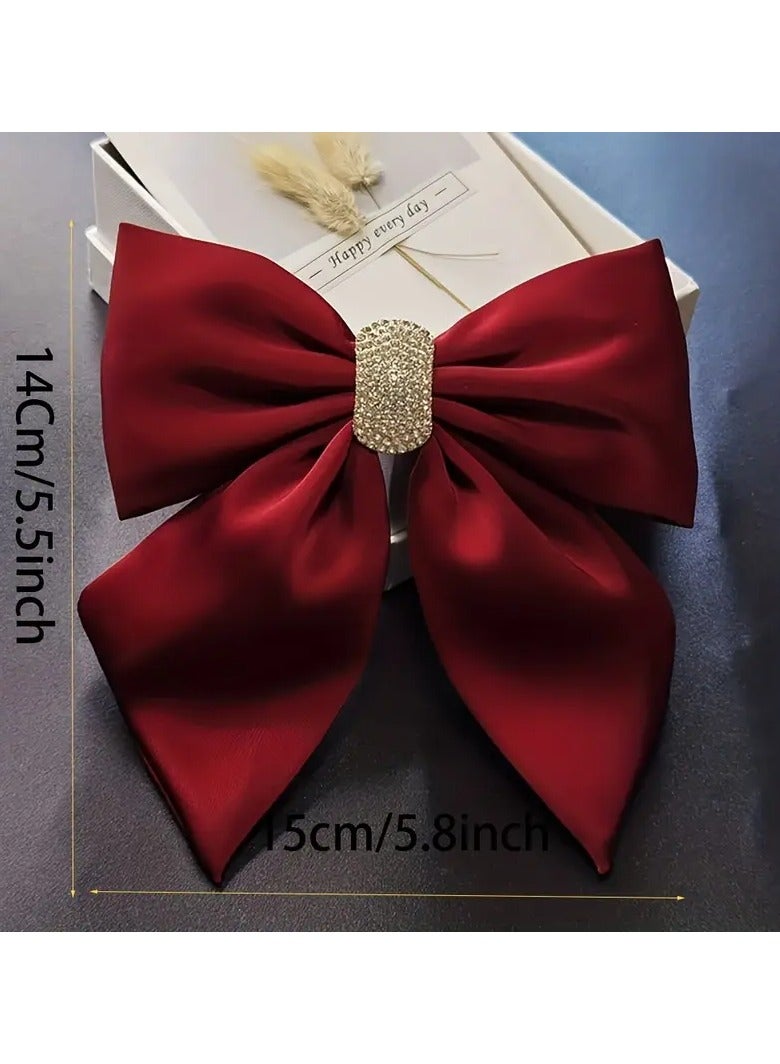 Goolsky Shiny Rhinestone Decor Hairpin Satin Bowknot Fabric Spring Clip Back Head Monochrome Ponytail Headdress Hair Clip - Image 5