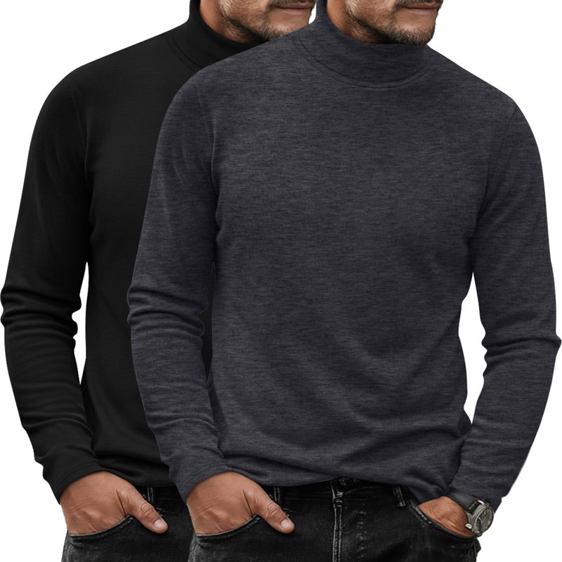 Ficerd 2 Pack Mens Turtle Neck Shirts Lightweight Cotton Pullover Sweater Slim Fit Mock Turtleneck Knitted Long Sleeve Tops Black Dark GrayXLarge - Image 2