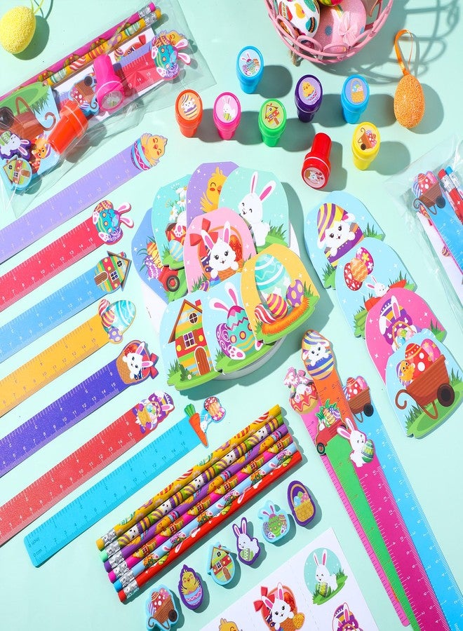 Herdear 168 Pcs Easter Stationery Gifts Set Spring Easter Eraser Happy Easter Bookmark Rulers Easter Bunny Notepad Colorful Eggs Stickers Pencils Stamps for Reward Stuffer Filler Party Supplies - Image 4