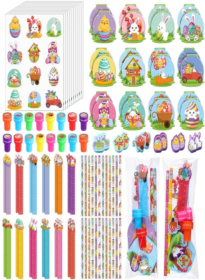 Herdear 168 Pcs Easter Stationery Gifts Set Spring Easter Eraser Happy Easter Bookmark Rulers Easter Bunny Notepad Colorful Eggs Stickers Pencils Stamps for Reward Stuffer Filler Party Supplies - Image 1