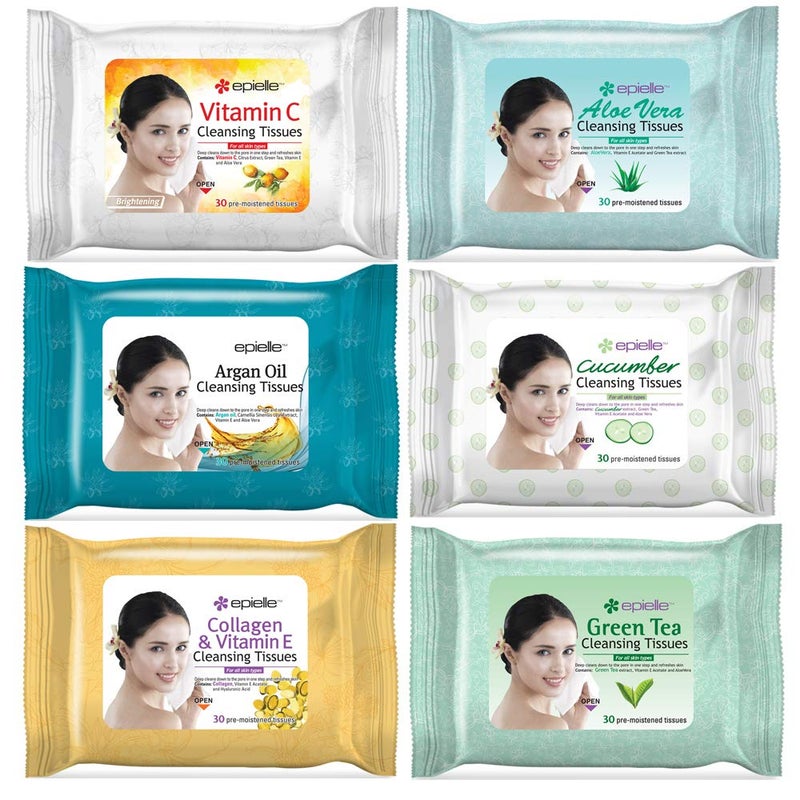 Epielle OG Makeup Remover Cleansing Wipes Tissue | Gentle for all Skin Types | Daily Facial Cleansing Towelettes | Removes Dirt, Oil, Makeup | Nicely Scented | 30 Count | Assorted 6 Pack