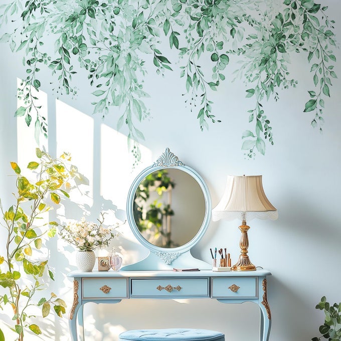 MINT GREEN PLANTS LEAVES WALL DECALS PEEL AND STICK LARGE FLORAL FLOWERS VINYL WALL STICKERS REMOVABLE VINE HOME DECOR ART FOR BEDROOM LIVING ROOM CLASSROOM OFFICE