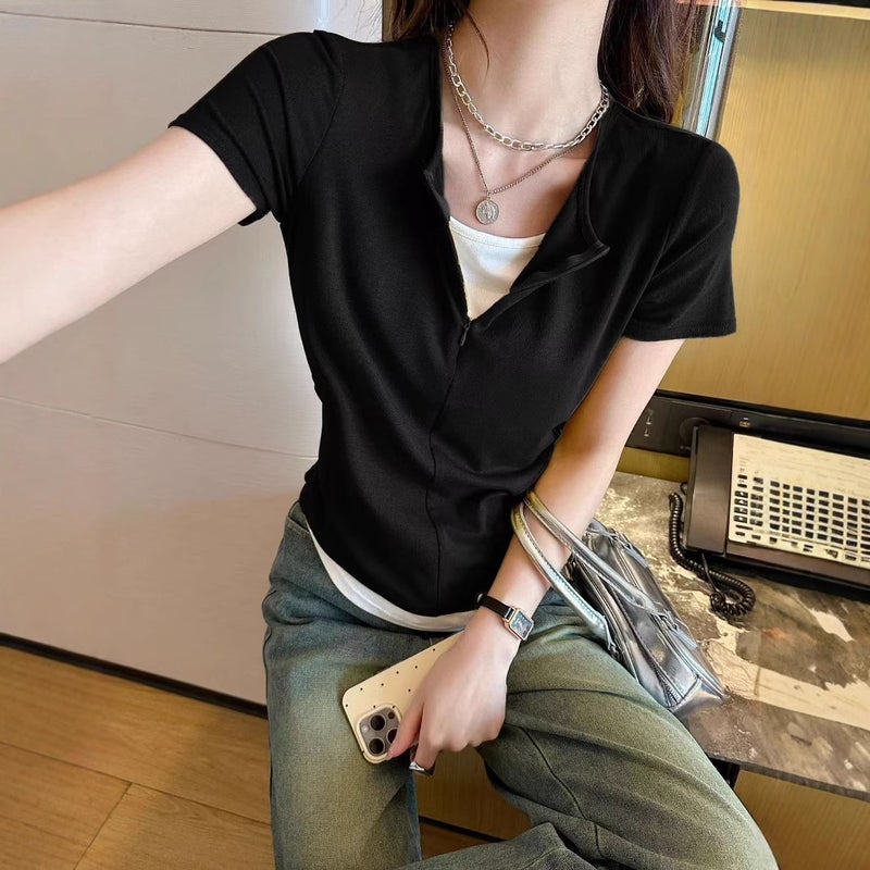 ASMI Contrast Two-Piece Half-Zip Breathable Slim Fit Short Sleeve T-Shirt for Women - Image 2