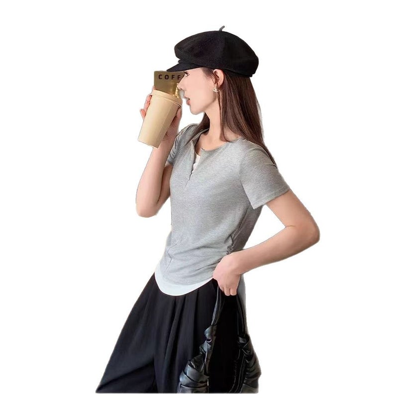 ASMI Contrast Two-Piece Half-Zip Breathable Slim Fit Short Sleeve T-Shirt for Women - Image 5