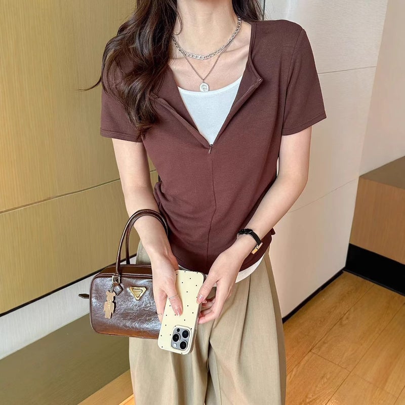 ASMI Contrast Two-Piece Half-Zip Breathable Slim Fit Short Sleeve T-Shirt for Women - Image 3