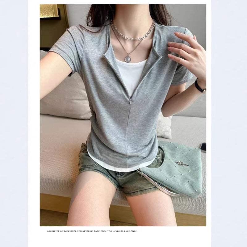 ASMI Contrast Two-Piece Half-Zip Breathable Slim Fit Short Sleeve T-Shirt for Women - Image 4