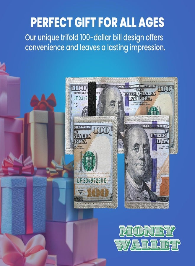 LUCKBOOSTIUM $100 Dollar Bill Trifold Wallet - Leather Money Holder for Men & Women, US Billfold with Card Slot & ID Window, Compact Folding Accessory for Men - Image 3