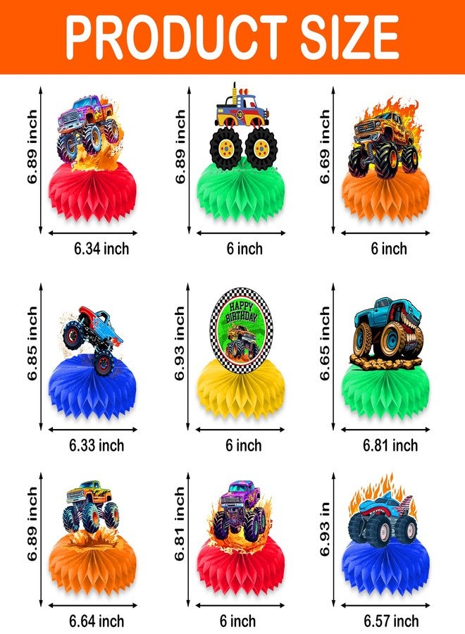 9PCS Monster Truck Honeycomb Centerpieces Themed Birthday Party Decorations Centerpiece Table Decoration Party Favors Decor Supplies Gifts for Boys Girls Men Women - Image 2