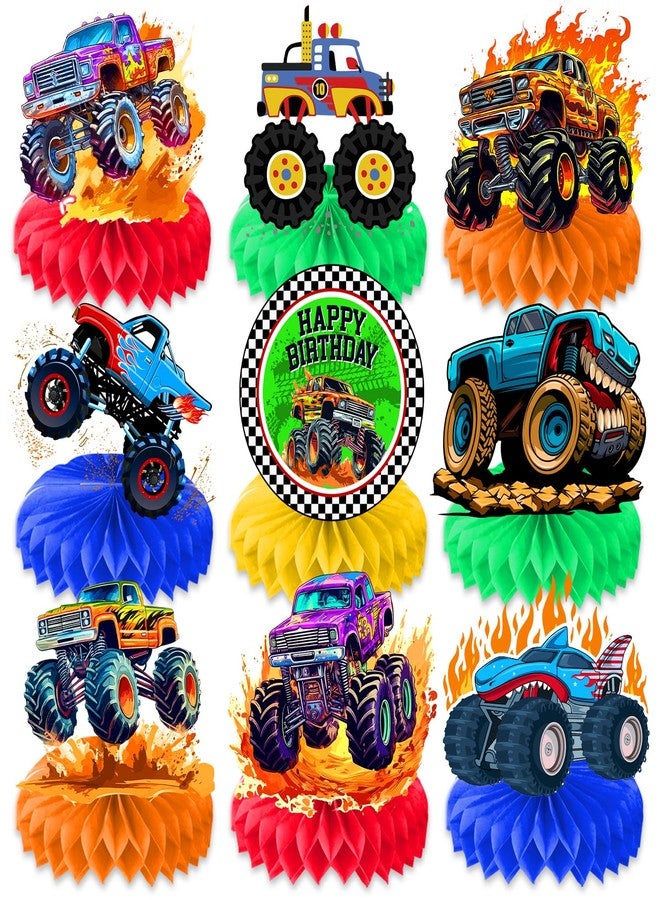 9PCS Monster Truck Honeycomb Centerpieces Themed Birthday Party Decorations Centerpiece Table Decoration Party Favors Decor Supplies Gifts for Boys Girls Men Women - Image 1