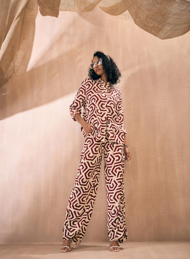 SASSAFRAS Geometric Shirt & Ruched Hem Pants Co-Ords by Styli - Image 1