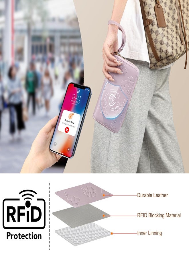 yiijay Womens Wallet RFID Blocking Large Capacity Leather Double Zip Wristlet Wallet Credit Card Phone Holder Ladies Clutch, Light Purple - Image 5