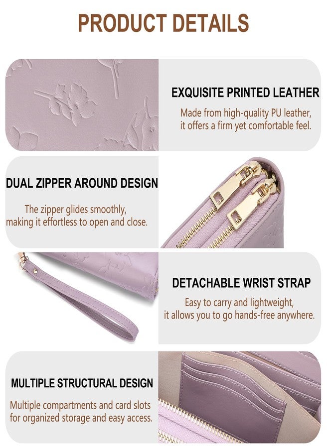 yiijay Womens Wallet RFID Blocking Large Capacity Leather Double Zip Wristlet Wallet Credit Card Phone Holder Ladies Clutch, Light Purple - Image 3