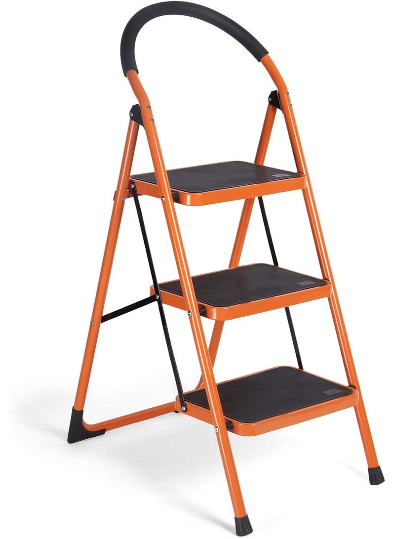 3-Step Folding Ladder - Sturdy Steel Step Stool with Anti-Slip Pedals and Large Handgrip, 330lbs Weight Capacity - Image 2