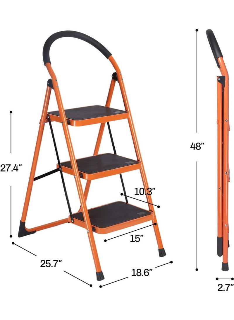 3-Step Folding Ladder - Sturdy Steel Step Stool with Anti-Slip Pedals and Large Handgrip, 330lbs Weight Capacity - Image 1