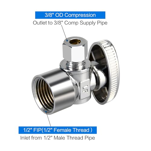 PXZBLG Stop Valves, 2 Pack 1/2" × 3/8" Angle Stop Valve, 1/2" FIP Angle Input, 3/8" OD Compression Output, 1/4 Turn, Chrome Plated Brass for Kitchen, Faucet, Toilet Valves - Image 2