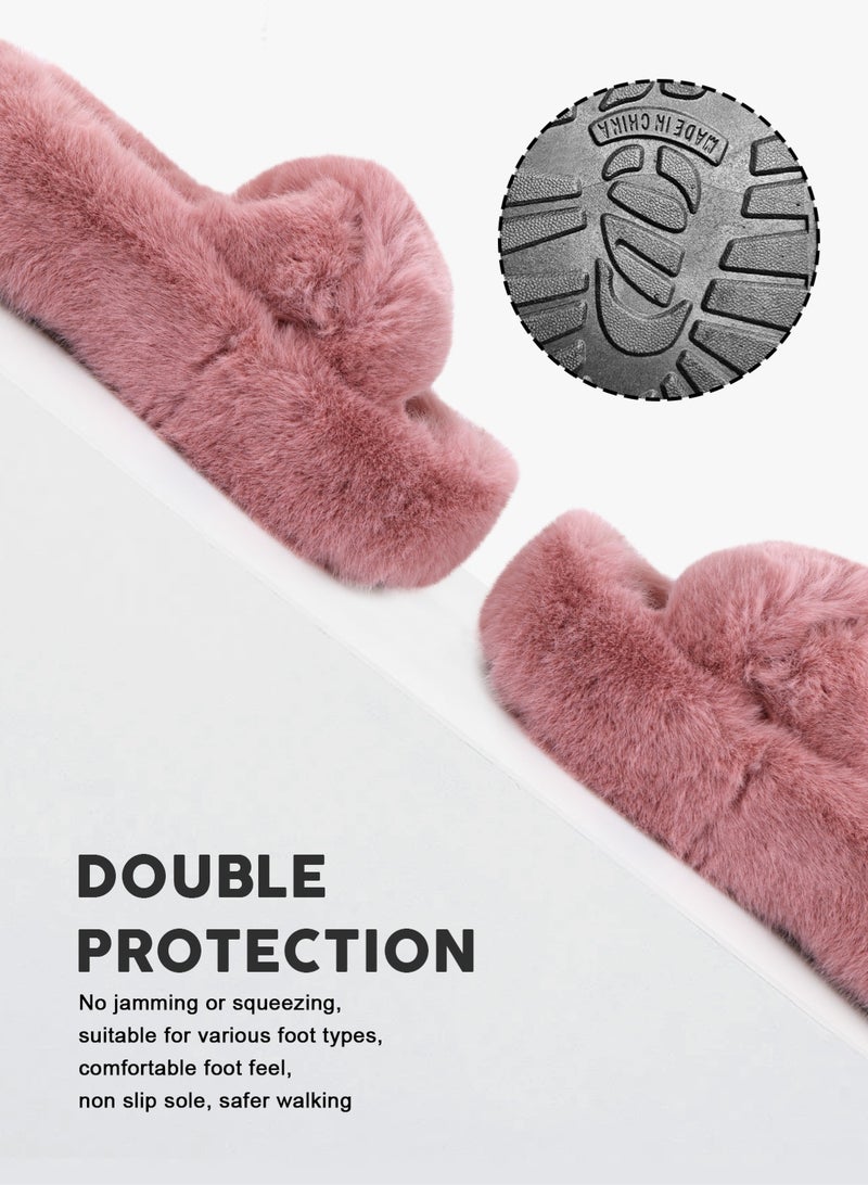 HomarKet Women's Fluffy Slippers Solid Color Platform Slippers - Casual Winter Shoes Slippers, Stylish Cross Band Fluffy Slippers, Comfortable Indoor House Slip Ons Slippers - Plush Fleece Lining,Anti-Slide Open Toe House Slippers- Perfect Gift for Family and Friends,Pink - Image 4