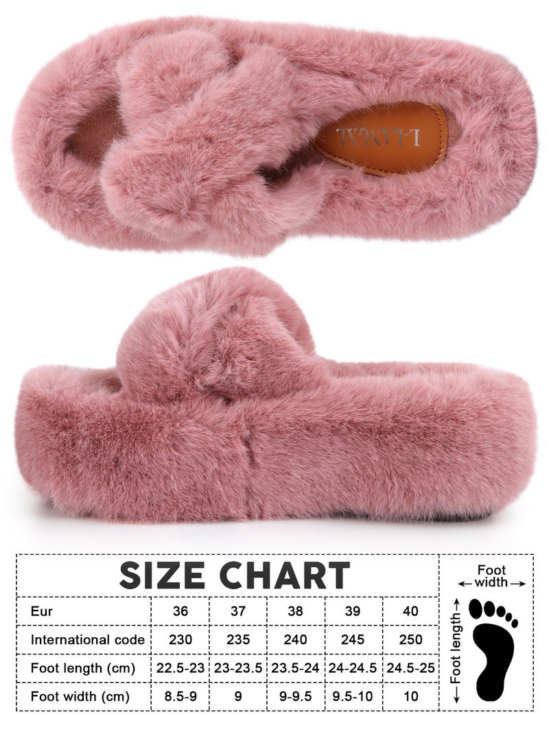 HomarKet Women's Fluffy Slippers Solid Color Platform Slippers - Casual Winter Shoes Slippers, Stylish Cross Band Fluffy Slippers, Comfortable Indoor House Slip Ons Slippers - Plush Fleece Lining,Anti-Slide Open Toe House Slippers- Perfect Gift for Family and Friends,Pink - Image 3