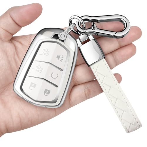 Sindeda for Cadillac Key Fob Cover with Keychain Soft Full Protection Key Shell Key Case Compatible with 20152019 Escalade CTS SRX XT5 ATS STS and CT6 Smart Key White 6 Buttons - Image 1