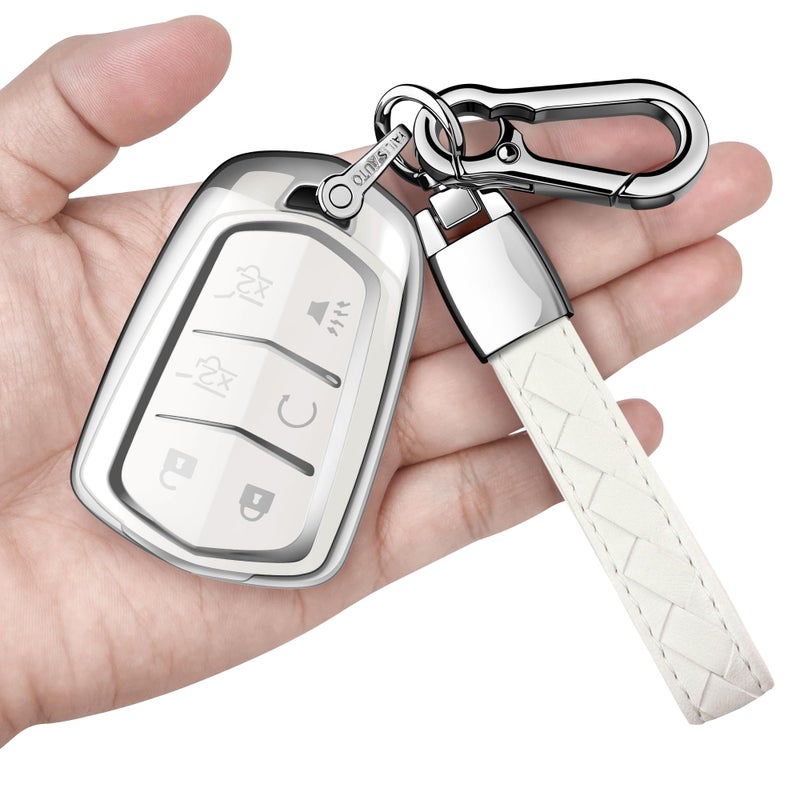 Sindeda for Cadillac Key Fob Cover with Keychain Soft Full Protection Key Shell Key Case Compatible with 20152019 Escalade CTS SRX XT5 ATS STS and CT6 Smart Key White 6 Buttons - Image 3