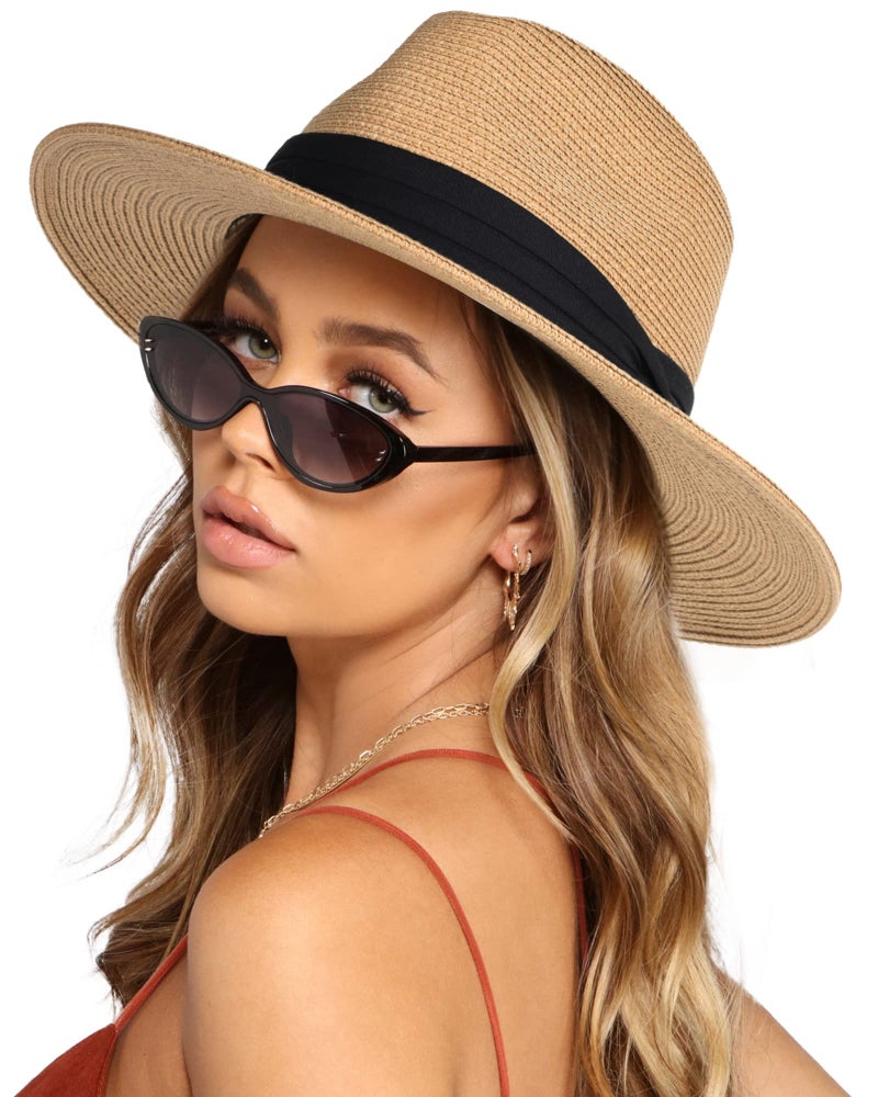 FURTALK Womens Mens Wide Brim Straw Panama Hat Fedora Summer Beach Sun Hats UPF Straw Hat for Women Khaki - Image 1