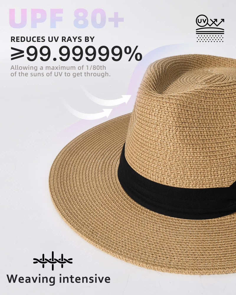 FURTALK Womens Mens Wide Brim Straw Panama Hat Fedora Summer Beach Sun Hats UPF Straw Hat for Women Khaki - Image 2