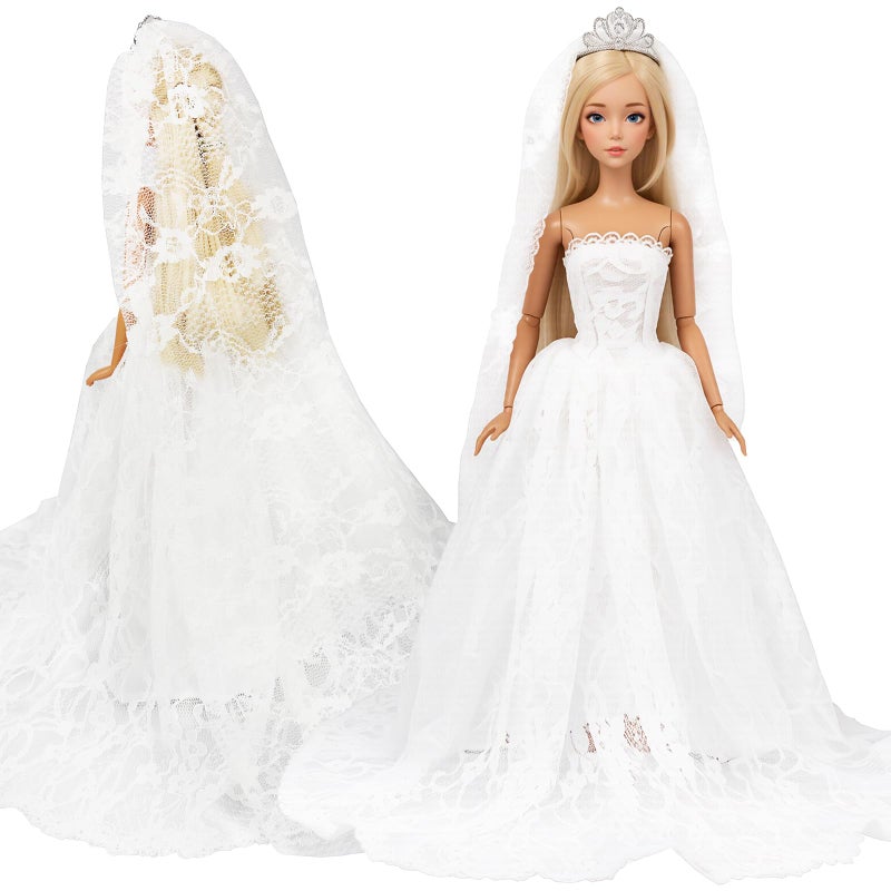 Barwa فستان زفاف باروا الأبيض مع طرحة طويلة لحفلات المساء للأميرات فستان دانتيل أبيض لدمية بطول 11.5 إنش - Image 5