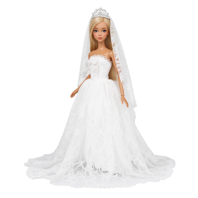 Barwa فستان زفاف باروا الأبيض مع طرحة طويلة لحفلات المساء للأميرات فستان دانتيل أبيض لدمية بطول 11.5 إنش - Image 2