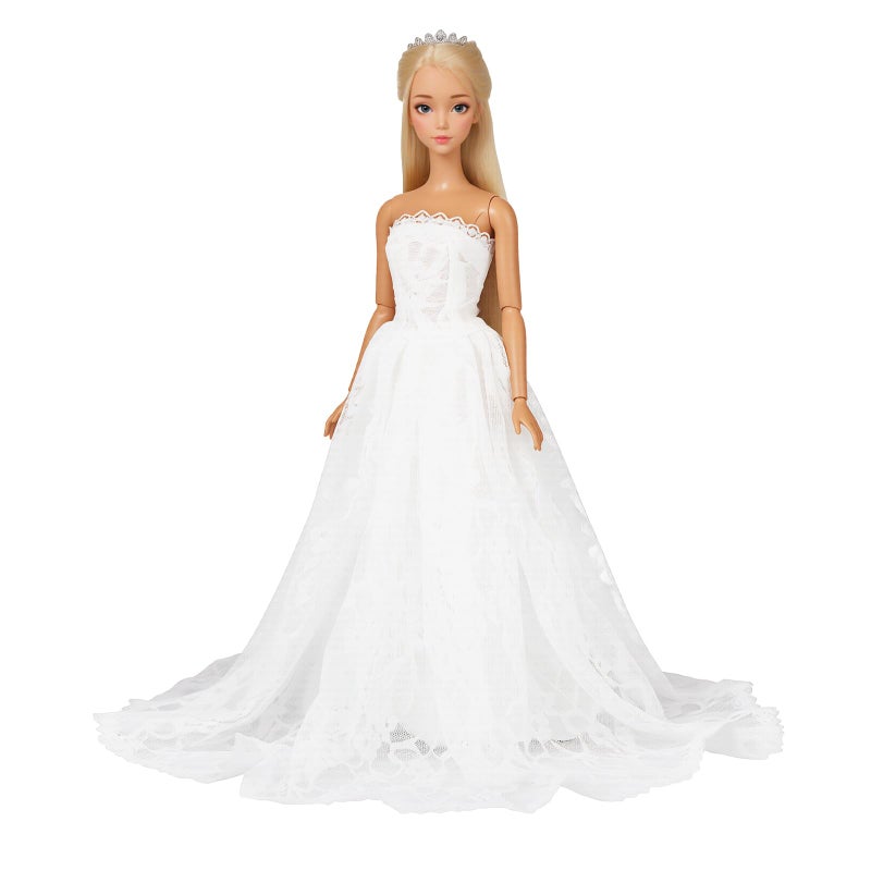 Barwa فستان زفاف باروا الأبيض مع طرحة طويلة لحفلات المساء للأميرات فستان دانتيل أبيض لدمية بطول 11.5 إنش - Image 4