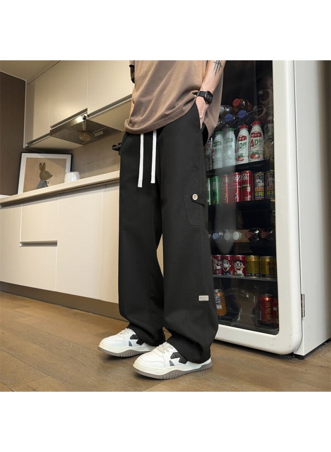 Dingfengbaoluo American-style Pure Cotton Cargo Pants For Men, Autumn Versatile Straight-leg Loose-fitting Draping Casual Trousers Zx01 Black M - Image 1