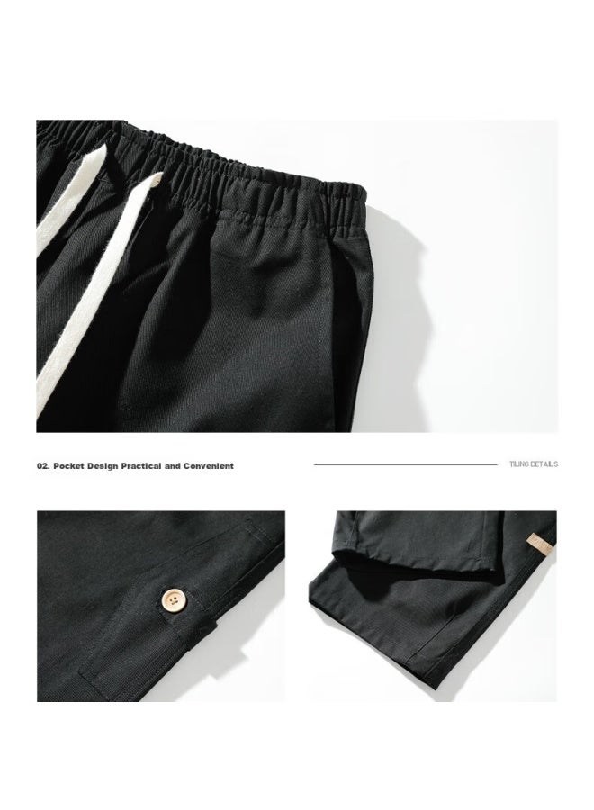 Dingfengbaoluo American-style Pure Cotton Cargo Pants For Men, Autumn Versatile Straight-leg Loose-fitting Draping Casual Trousers Zx01 Black M - Image 2