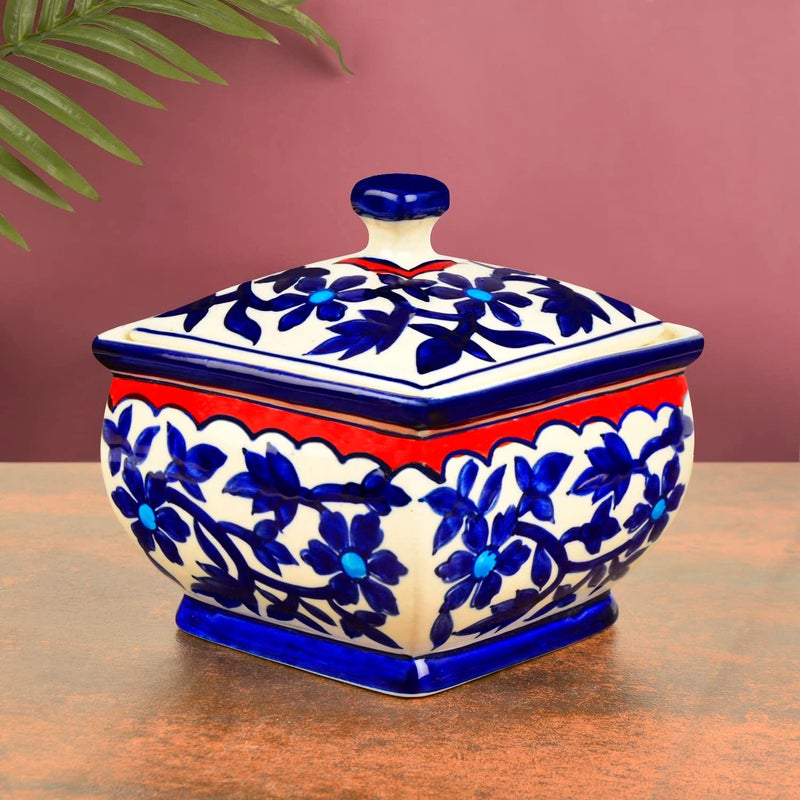 StyleMyWay Hand Painted Ceramic Serving Donga with Lid 1200 ml Blue Mughal Painting Casserole Dinner Serving Bowl with Lid - Image 1