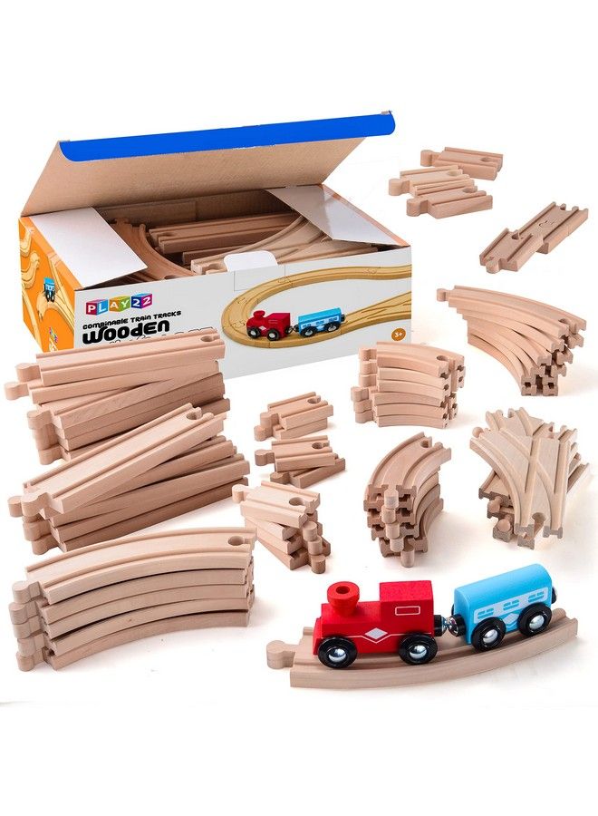 Play22 Wooden Train Tracks 52 Pcs Wooden Train Set + 2 Bonus Toy Trains Train Sets For Kids Car Train Toys Is Compatible With Thomas Wooden Railway Systems And All Major Brands Original - Image 1