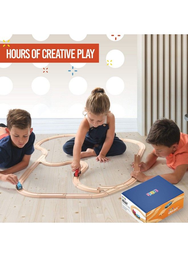 Play22 Wooden Train Tracks 52 Pcs Wooden Train Set + 2 Bonus Toy Trains Train Sets For Kids Car Train Toys Is Compatible With Thomas Wooden Railway Systems And All Major Brands Original - Image 5