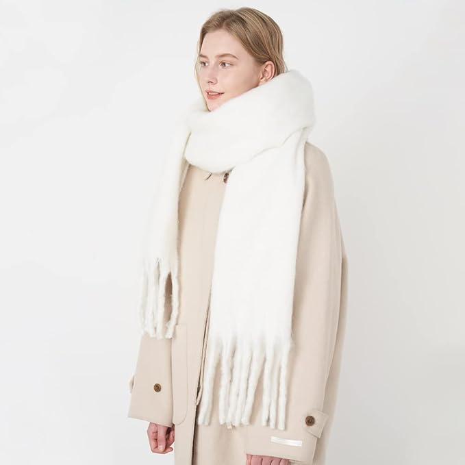 MININAI Women Chunky Scarf, Soft Warm Winter Scarf for Cold Weather, Christmas Blanket Scarves Pashmina Shawl Wrap (White) - Image 2
