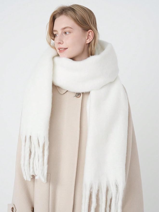 MININAI Women Chunky Scarf, Soft Warm Winter Scarf for Cold Weather, Christmas Blanket Scarves Pashmina Shawl Wrap (White) - Image 3
